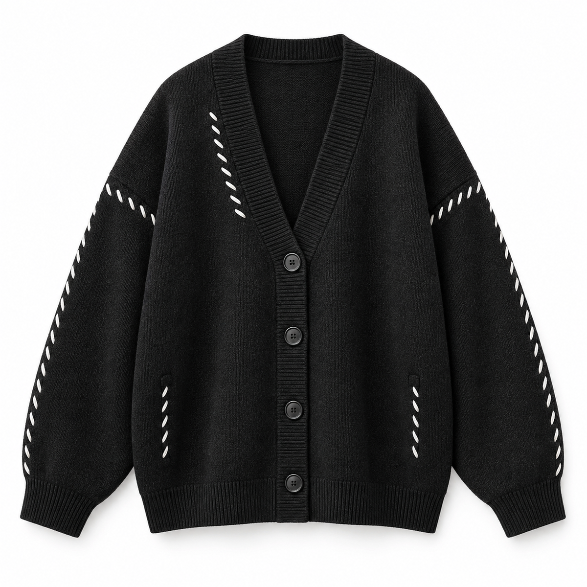 Black Relaxed V-Neck Knit Cardigan product view