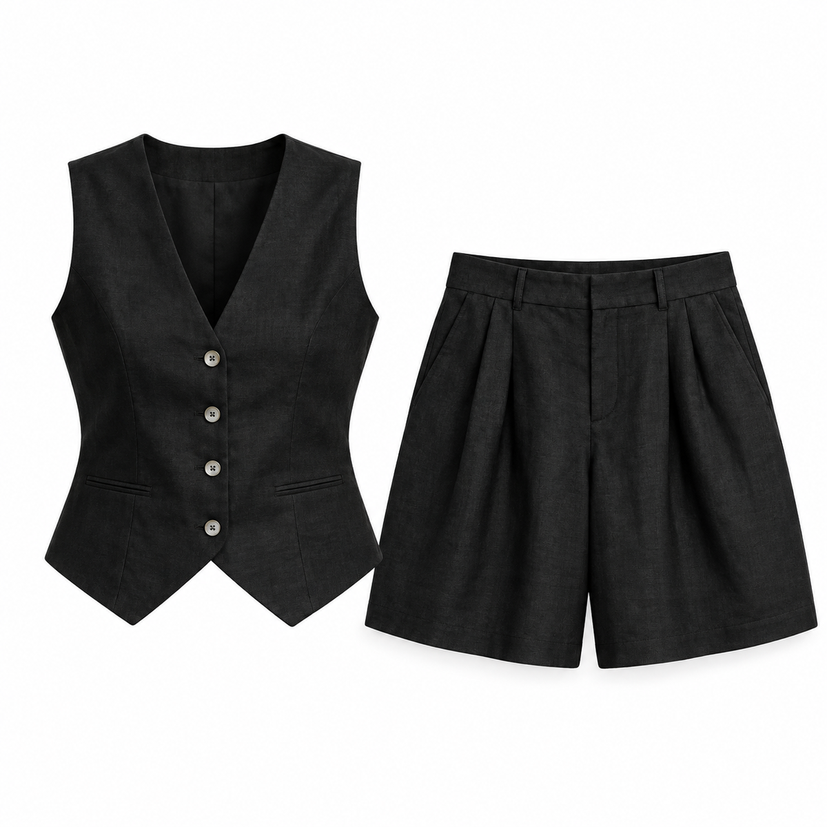 Black Linen-Look Vest & Shorts Set product view