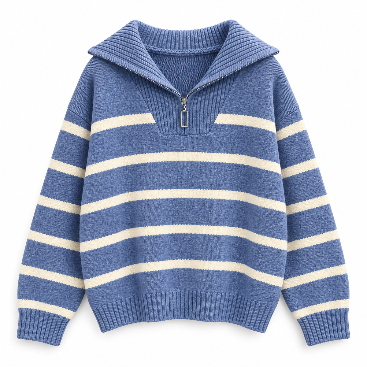Blue ivory Striped Zip Knit Sweater product view