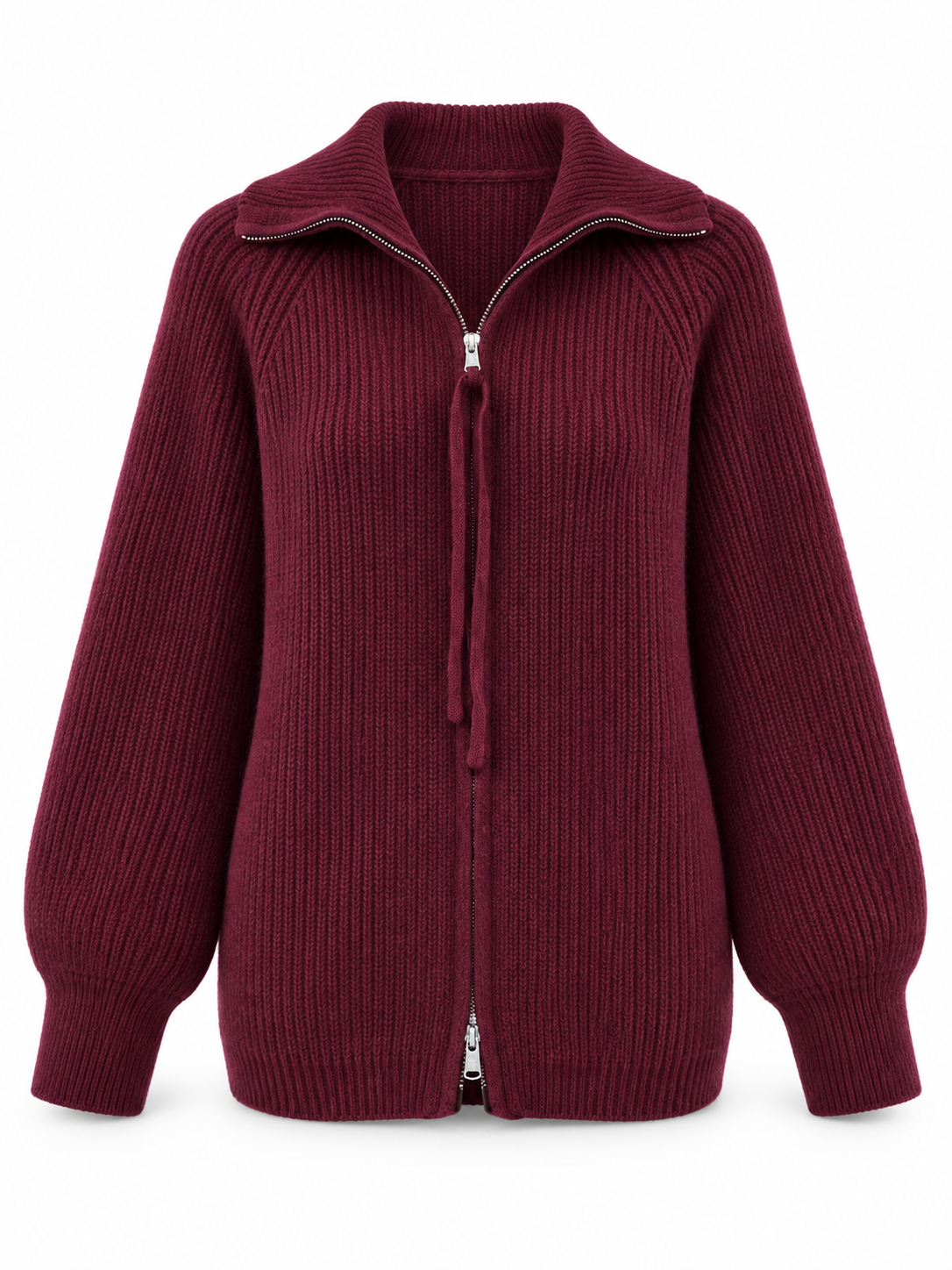 Burgundy Zip Wool Knit Cardigan product view