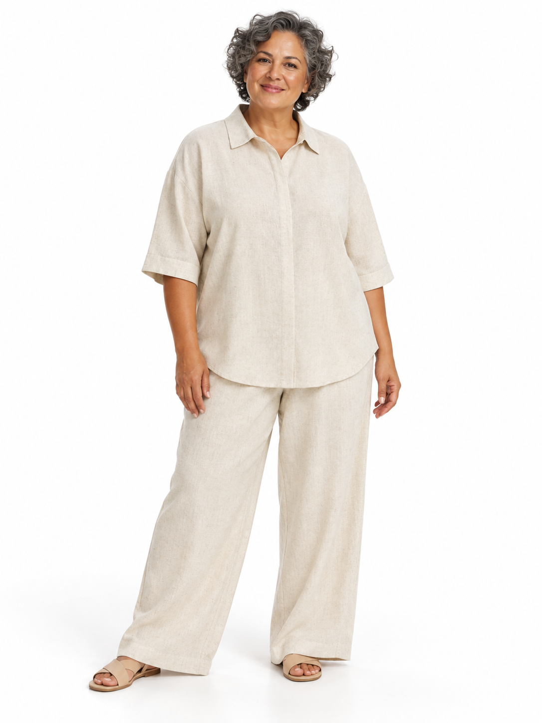Natural Relaxed Linen-Blend Shirt & Trousers Set shown on a model