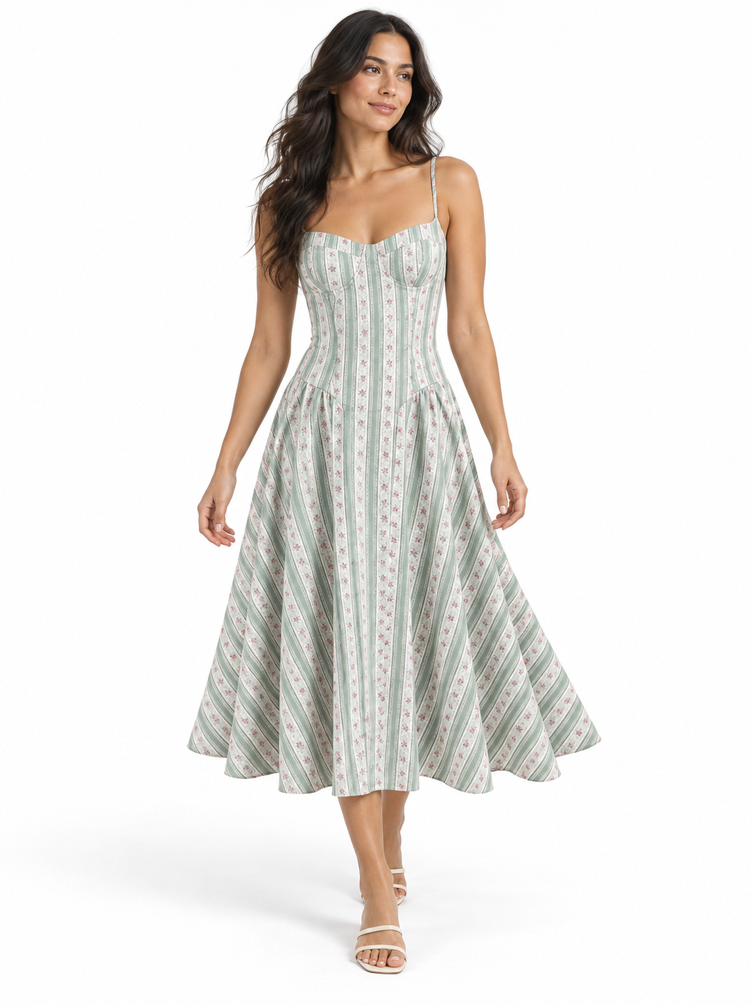 Sage pink floral Striped Floral Midi Dress shown on a model