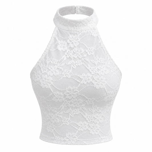 White Lace Halter Crop Top product view