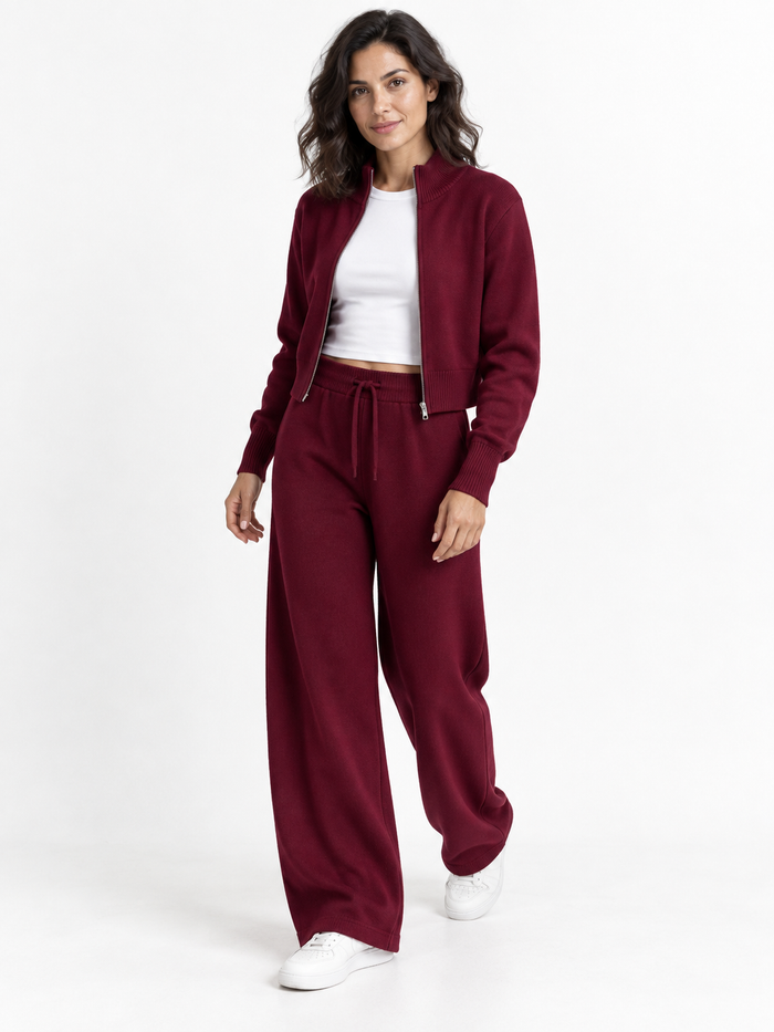 Burgundy Knit Zip Cardigan & Wide-Leg Trousers Set shown on a model