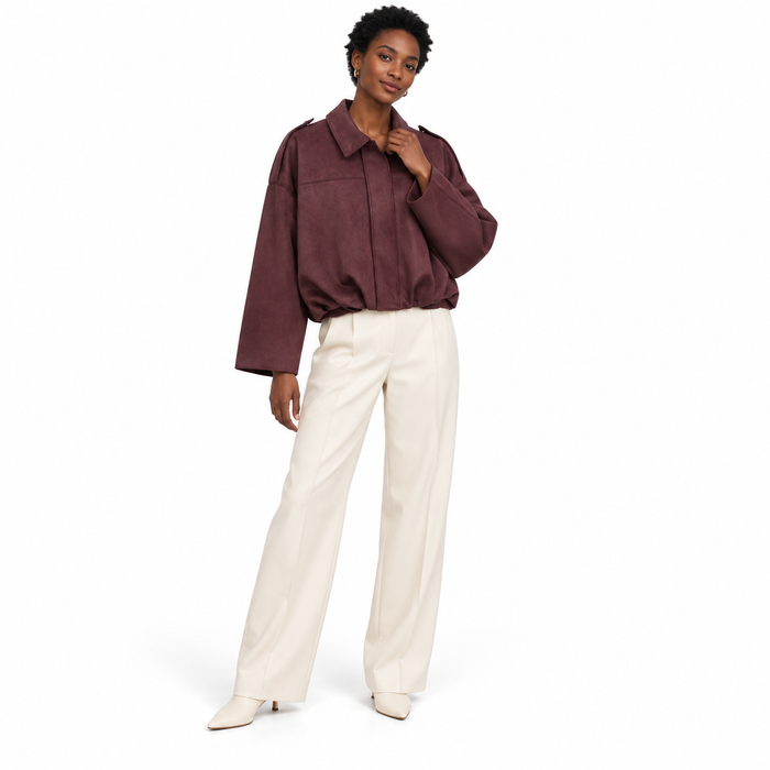 Burgundy Cropped Suede-Effect Bomber Jacket shown on a model
