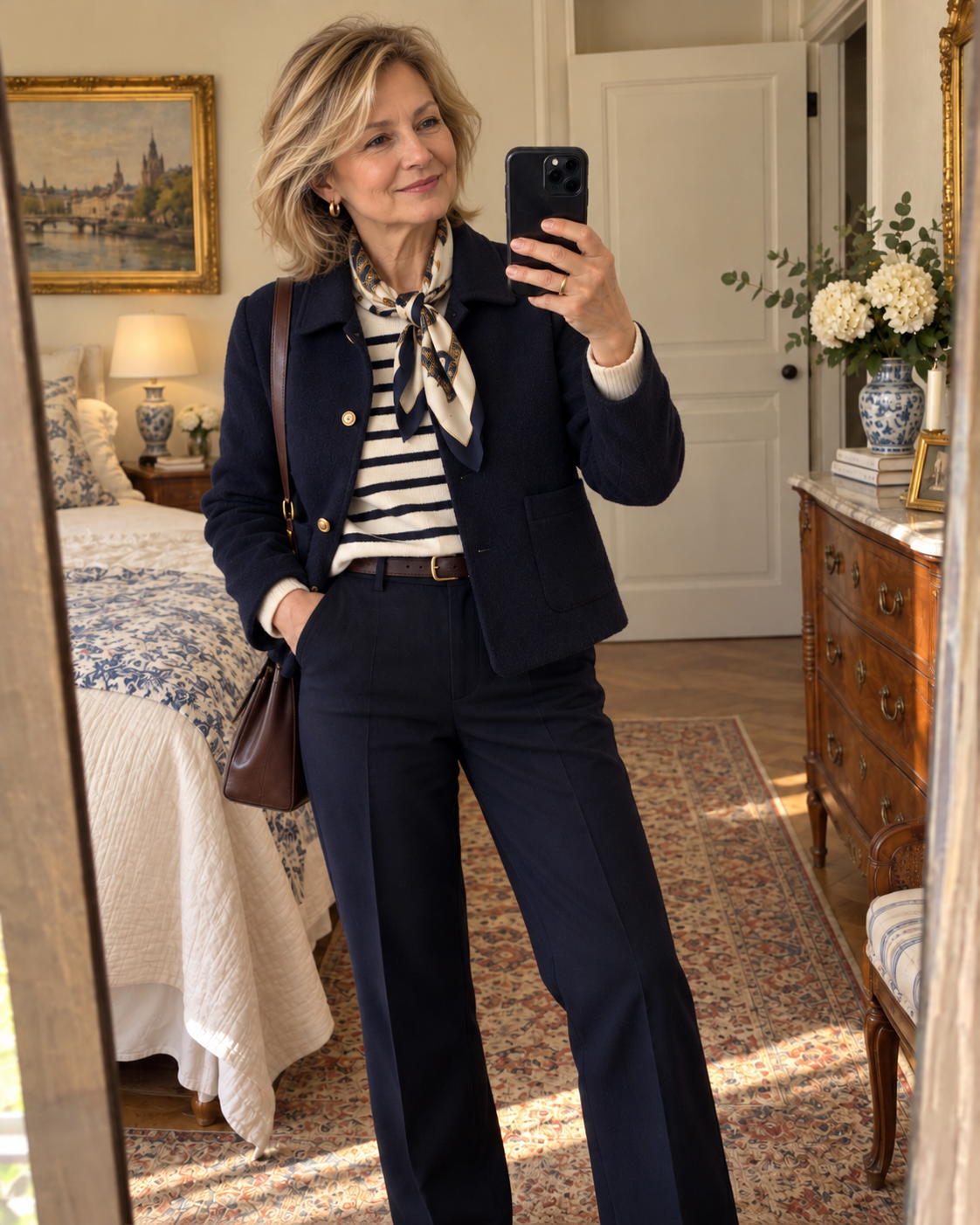 Femme blonde portant une veste bleu marine devant un miroir.