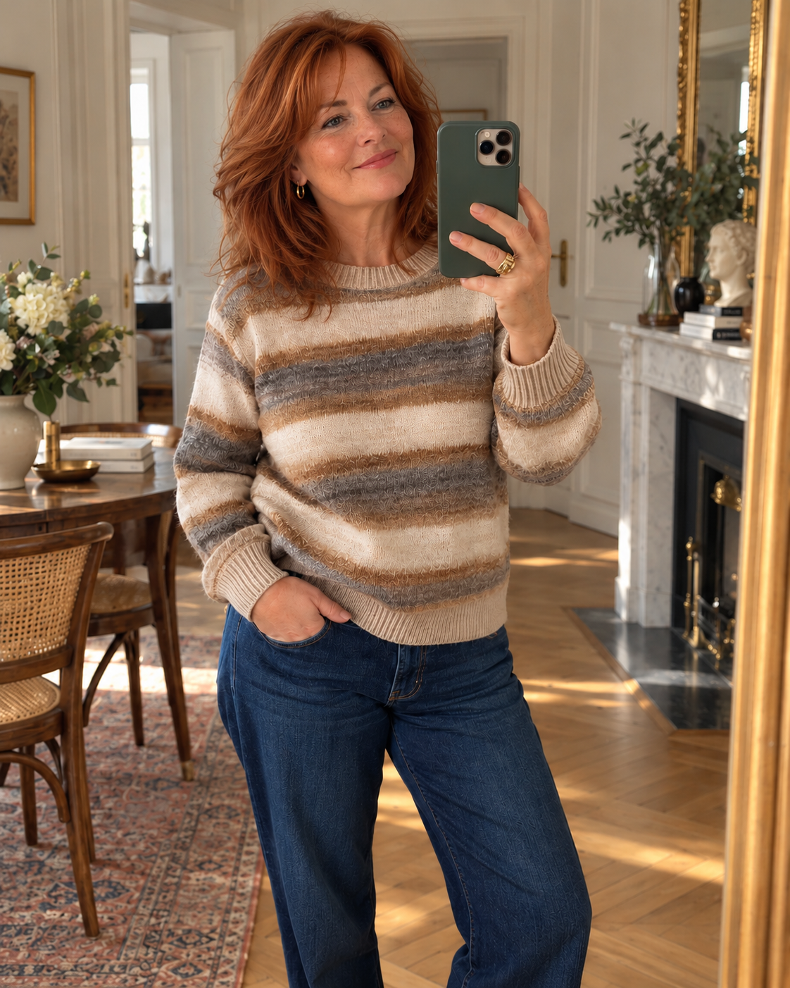 Femme rousse portant un pull rayé beige, brun et gris devant un miroir.
