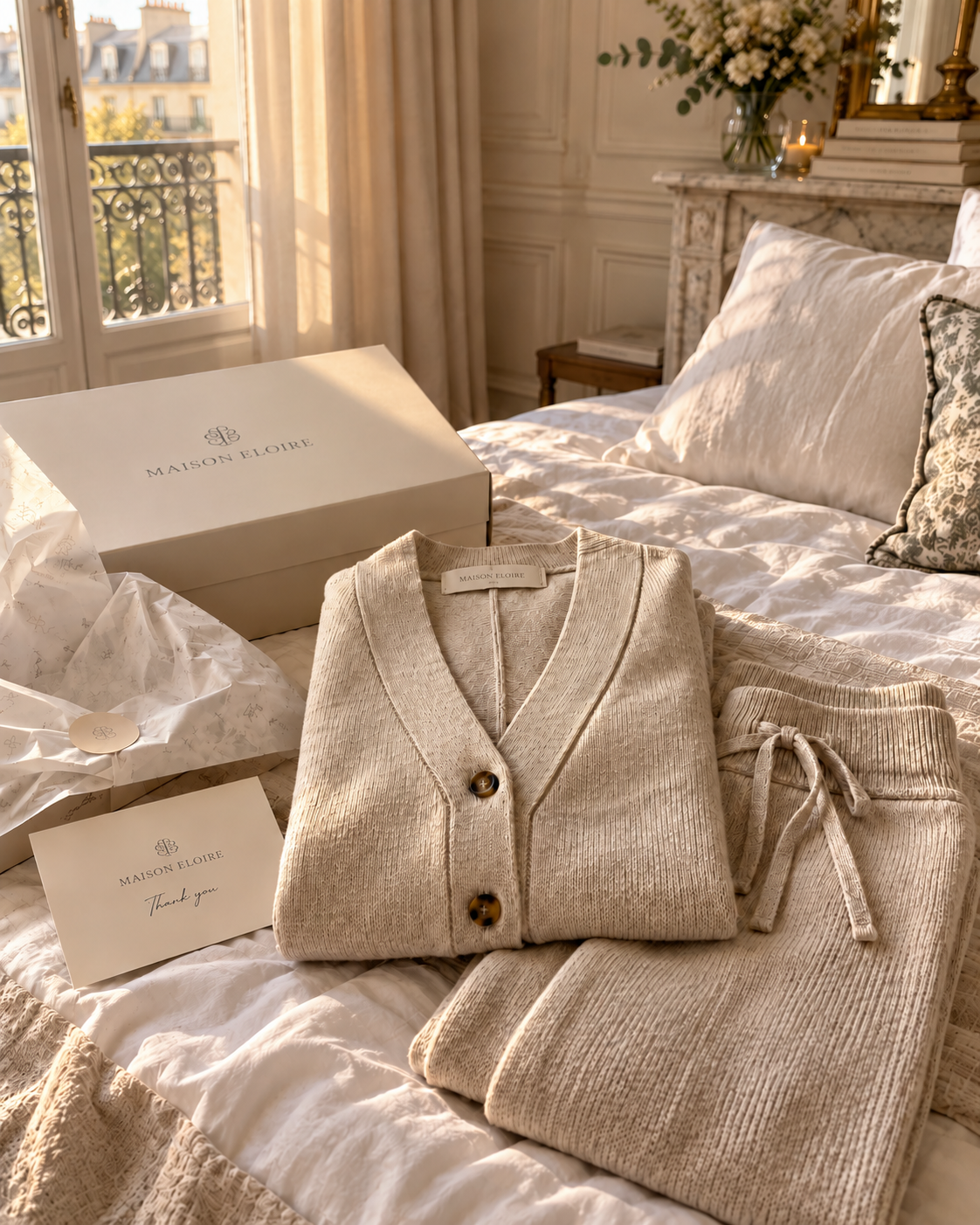 Ensemble en maille beige plié sur un lit, près d’une boîte Maison Eloire.
