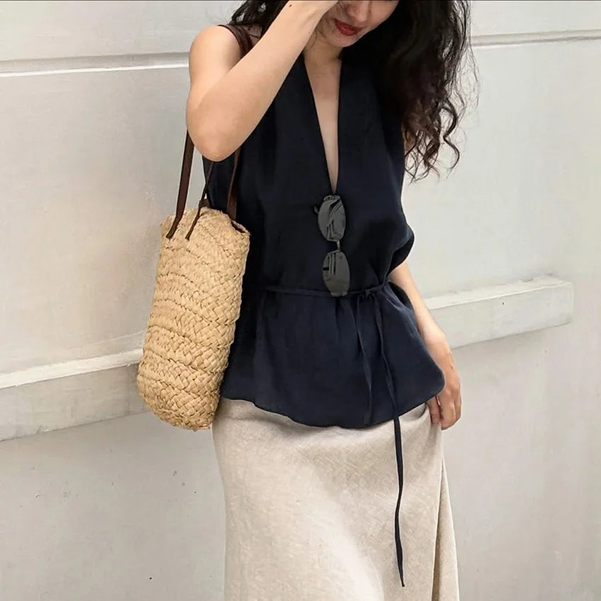 Navy Lace-Up Halter Top