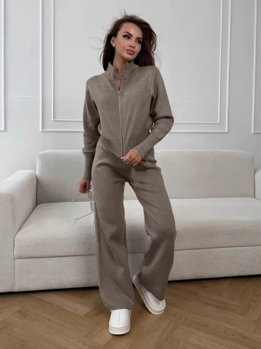 Knit Zip Cardigan & Wide-Leg Trousers Set