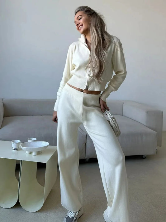 Knit Zip Cardigan & Wide-Leg Trousers Set