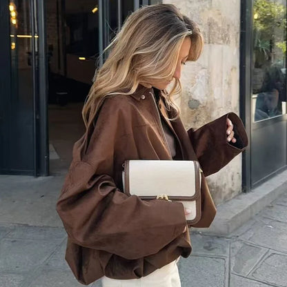 Cropped Suede-Effect Bomber Jacket
