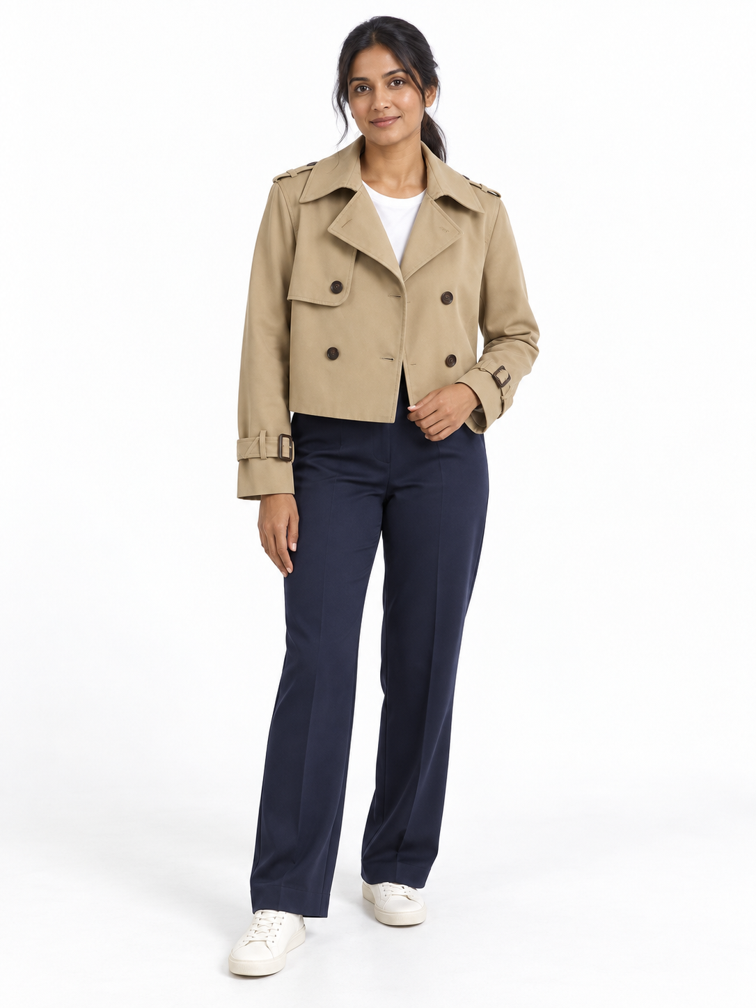 Beige Cropped Double-Breasted Trench shown on a model