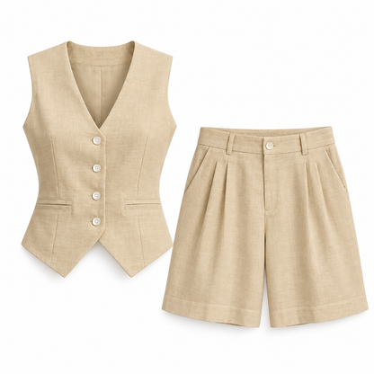 Beige Linen-Look Vest & Shorts Set product view