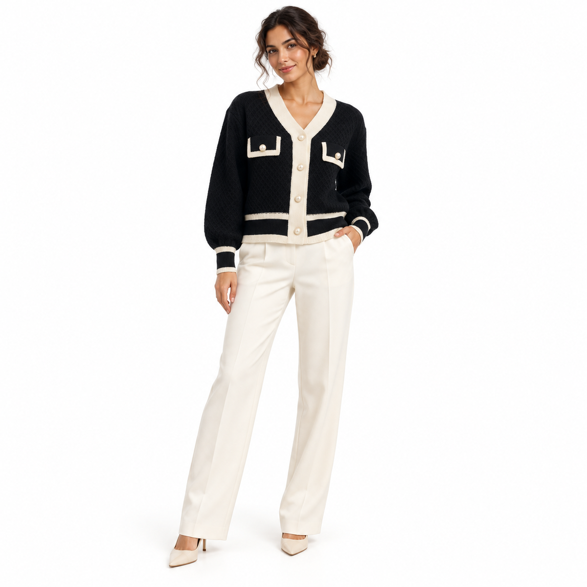Black Relaxed Button Knit Cardigan shown on a model