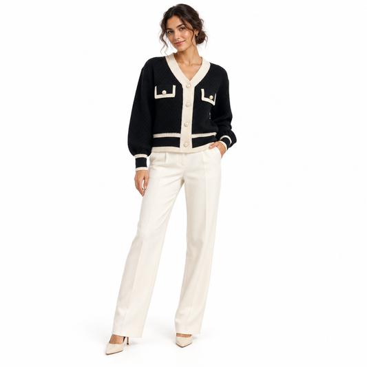 Black Relaxed Button Knit Cardigan shown on a model