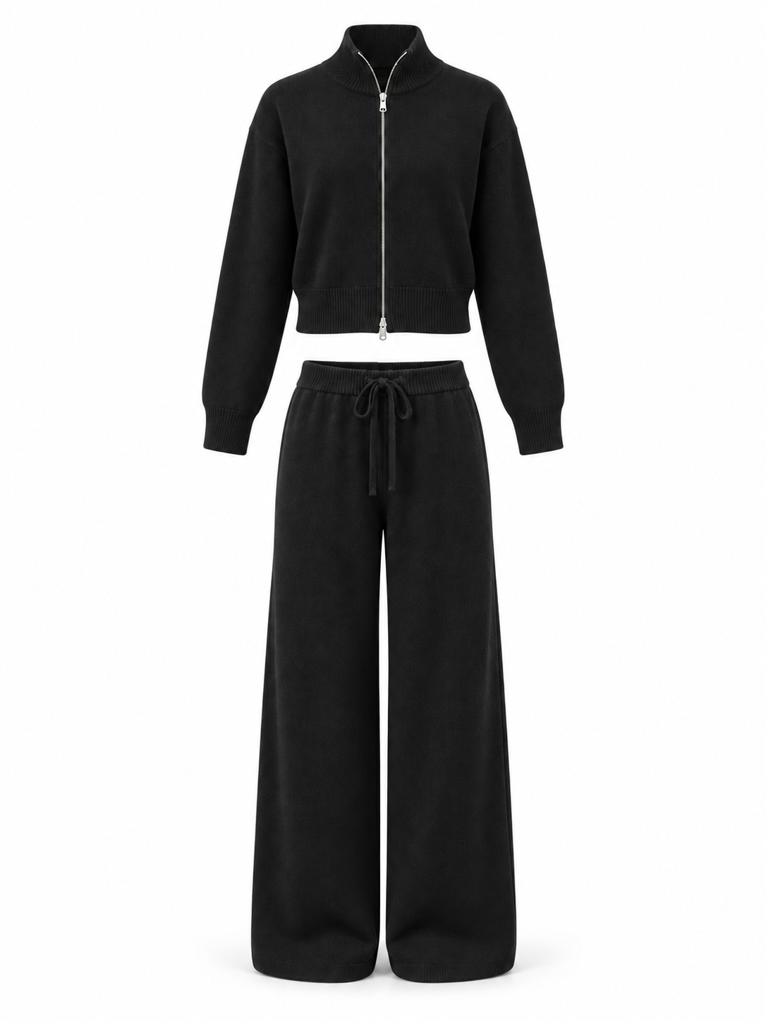 Black Knit Zip Cardigan & Wide-Leg Trousers Set product view