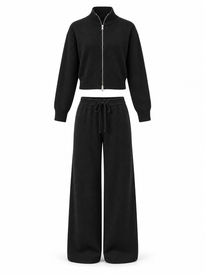 Black Knit Zip Cardigan & Wide-Leg Trousers Set product view
