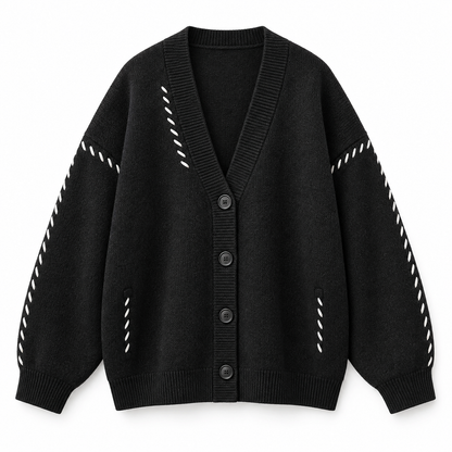 Black Relaxed V-Neck Knit Cardigan product view