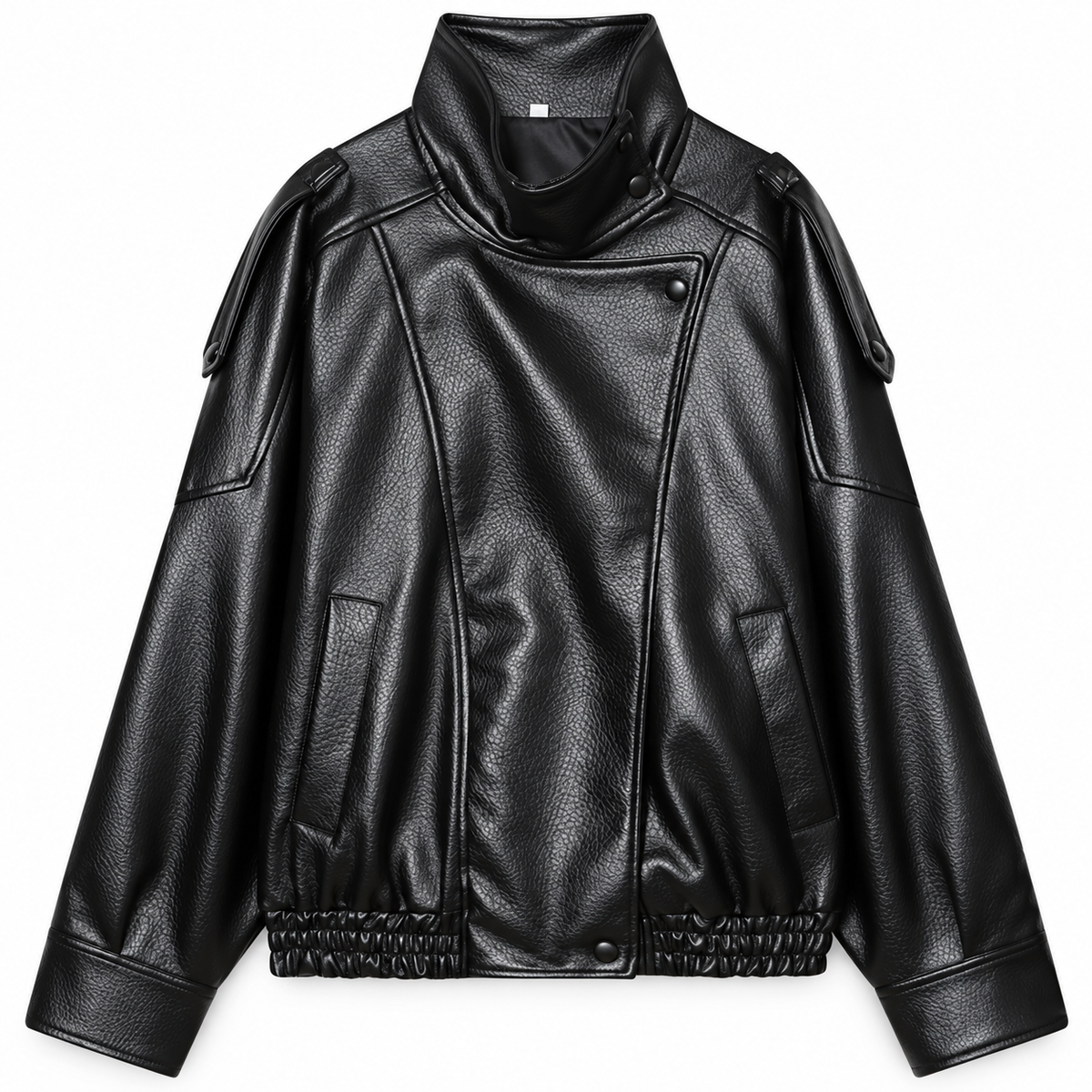 Black Cropped Faux Leather Bomber Jacket product view