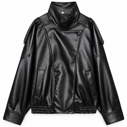 Black Cropped Faux Leather Bomber Jacket product view
