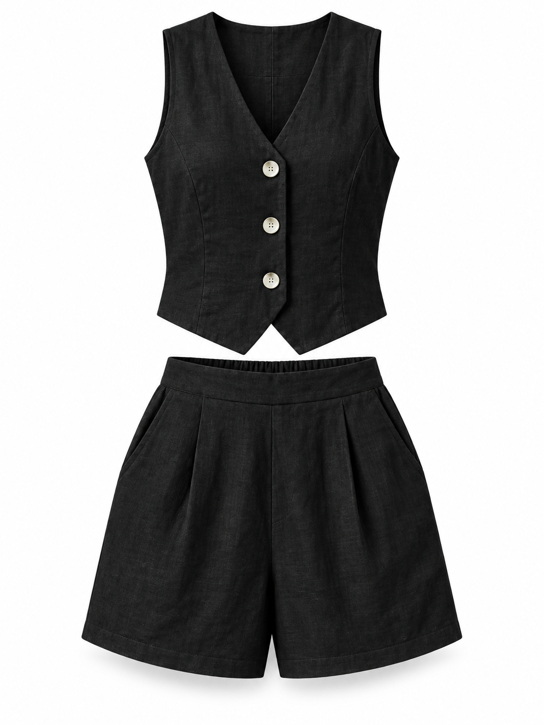 Black Linen-Blend Vest & Shorts Set product view