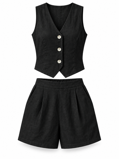 Black Linen-Blend Vest & Shorts Set product view