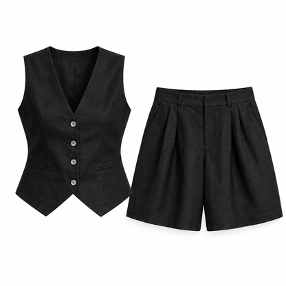 Black Linen-Look Vest & Shorts Set product view