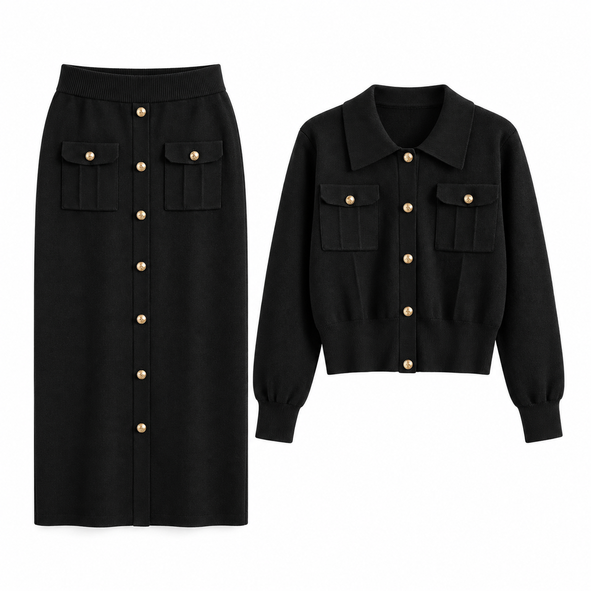 Black Ribbed Knit Skirt Set product view
