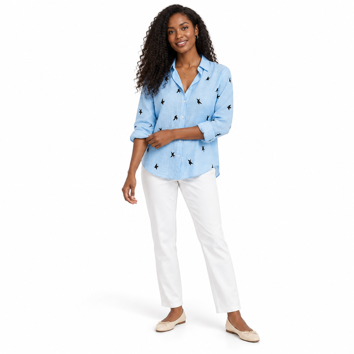 Blue bird Relaxed Long-Sleeve Button Shirt shown on a model