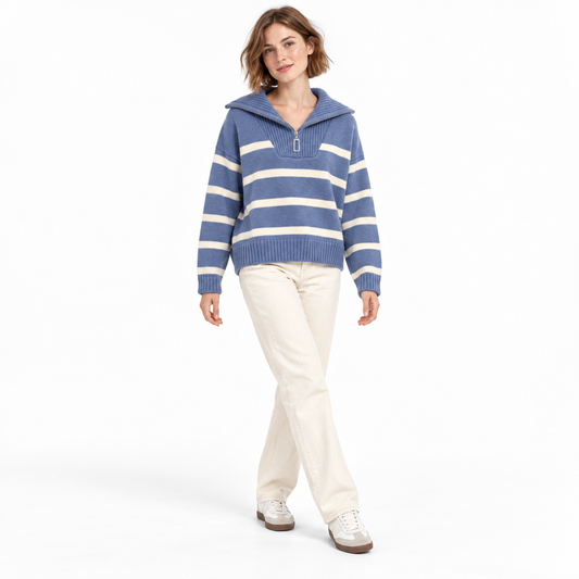Blue ivory Striped Zip Knit Sweater shown on a model