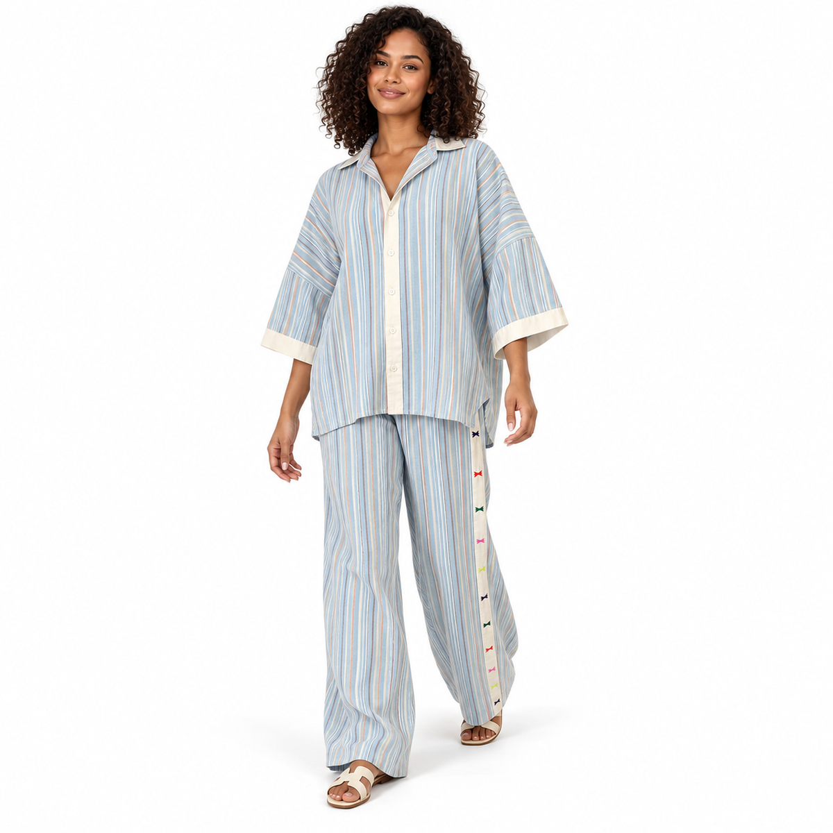 Blue stripe Striped Linen-Look Trouser Set shown on a model
