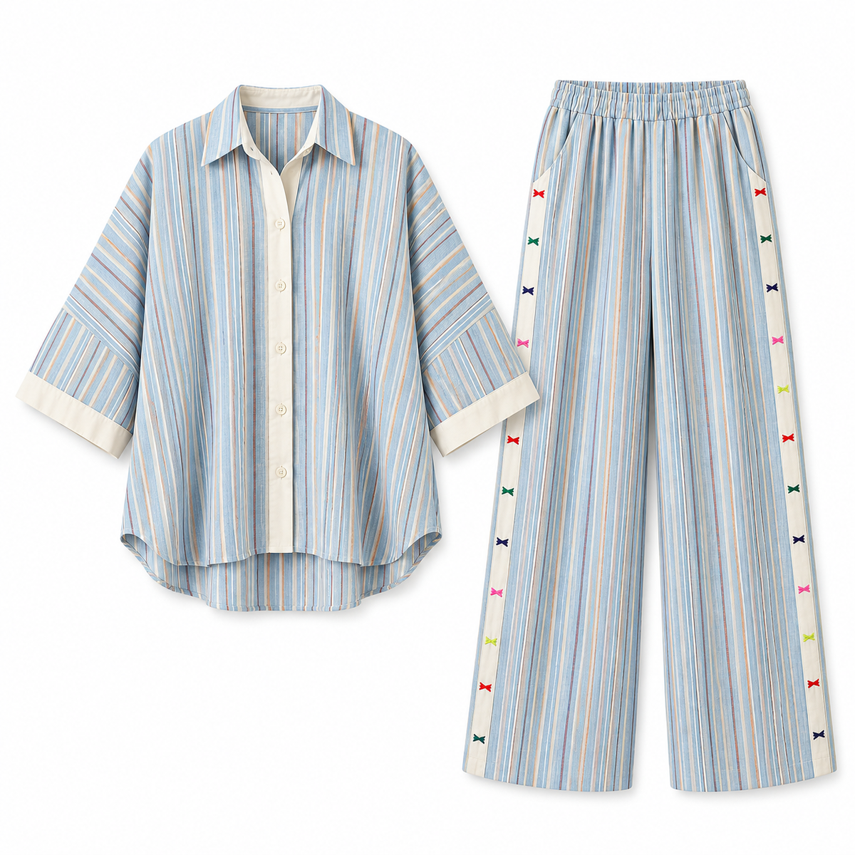 Blue stripe Striped Linen-Look Trouser Set product view