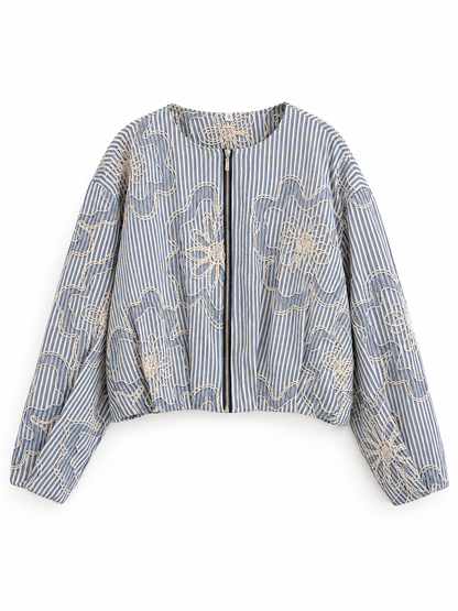 Blue white stripe Embroidered Cropped Jacket product view