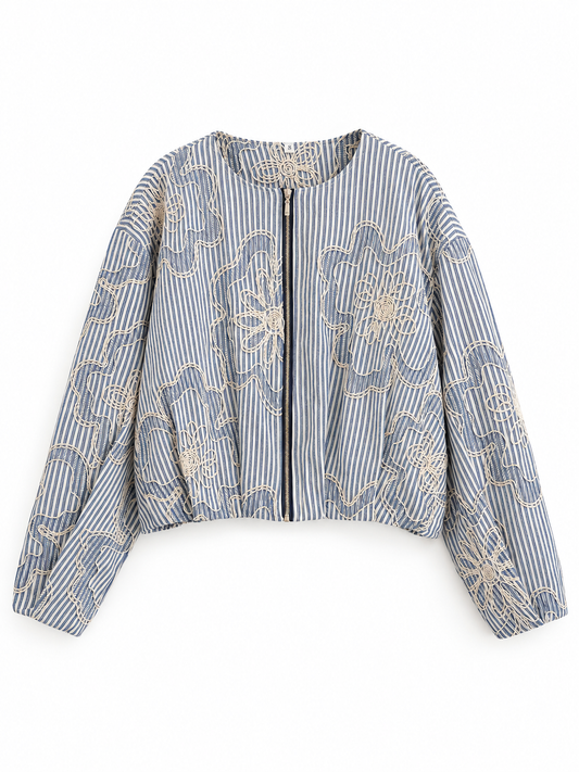 Blue white stripe Embroidered Cropped Jacket product view