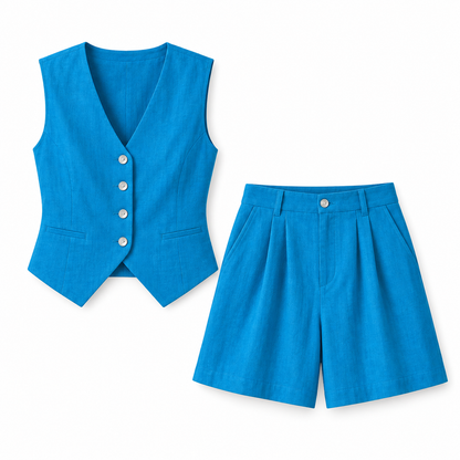 Bright blue Linen-Look Vest & Shorts Set product view
