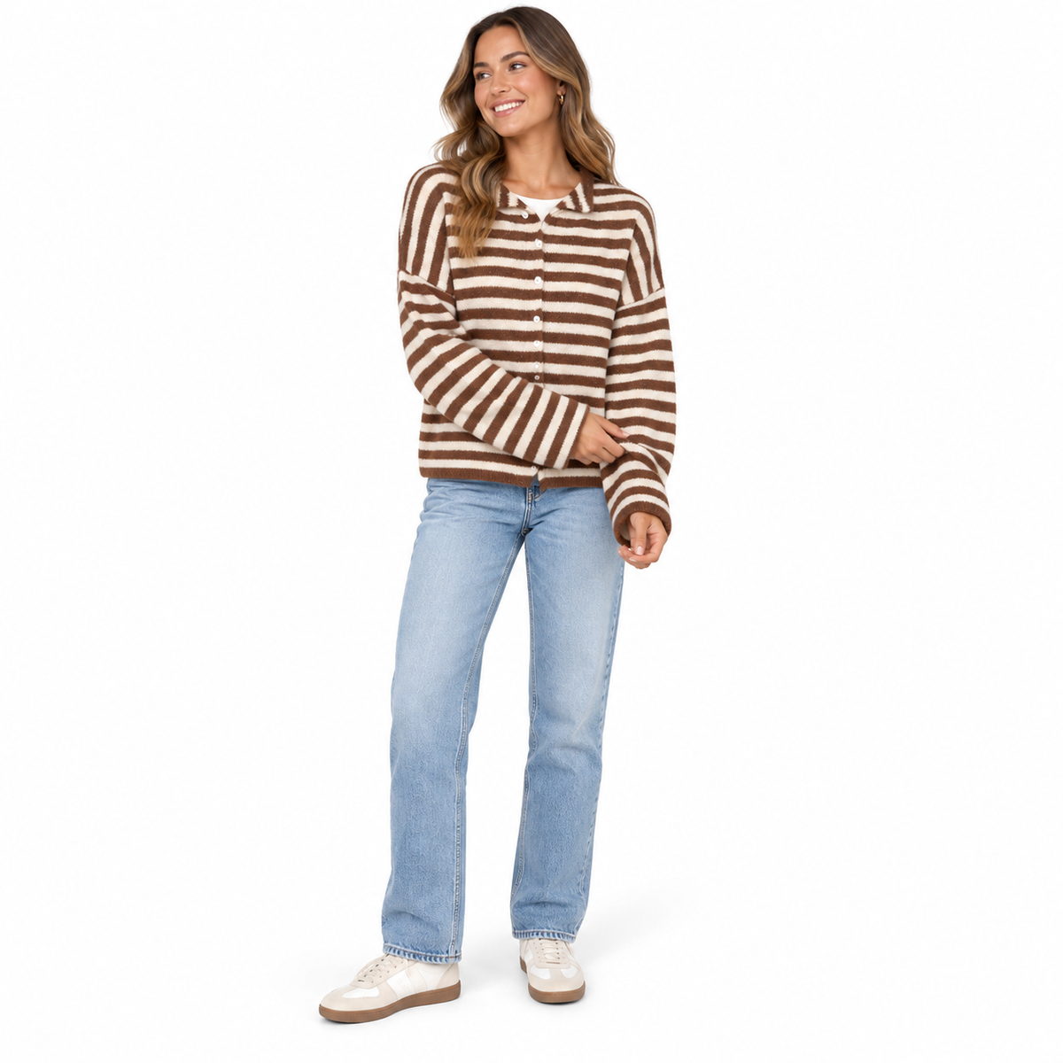 Brown cream stripe Striped Button Knit Cardigan shown on a model