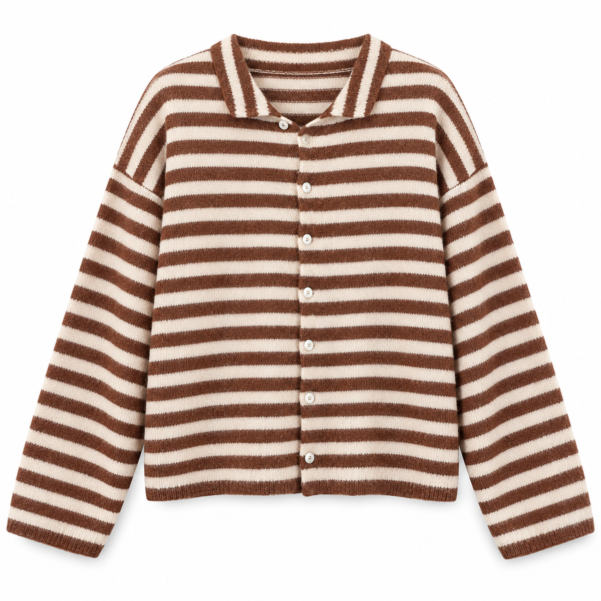 Brown cream stripe Striped Button Knit Cardigan product view