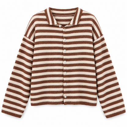 Brown cream stripe Striped Button Knit Cardigan product view