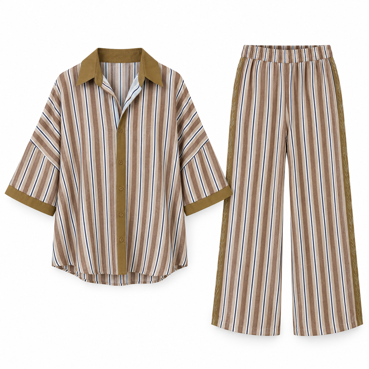 Brown stripe Striped Linen-Look Trouser Set product view