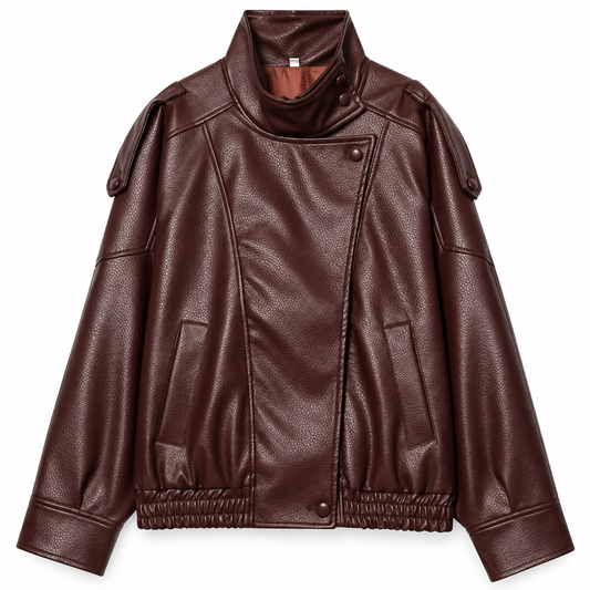 Burgundy brown Cropped Faux Leather Bomber Jacket product view