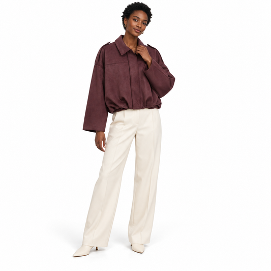 Burgundy Cropped Suede-Effect Bomber Jacket shown on a model