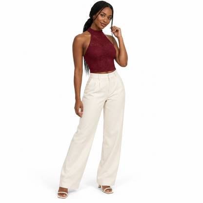 Burgundy Lace Halter Crop Top shown on a model