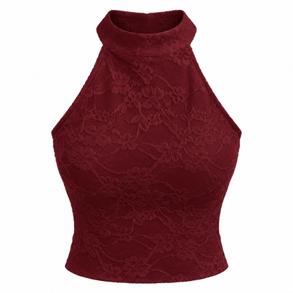 Burgundy Lace Halter Crop Top product view