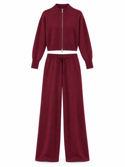 Burgundy Knit Zip Cardigan & Wide-Leg Trousers Set product view