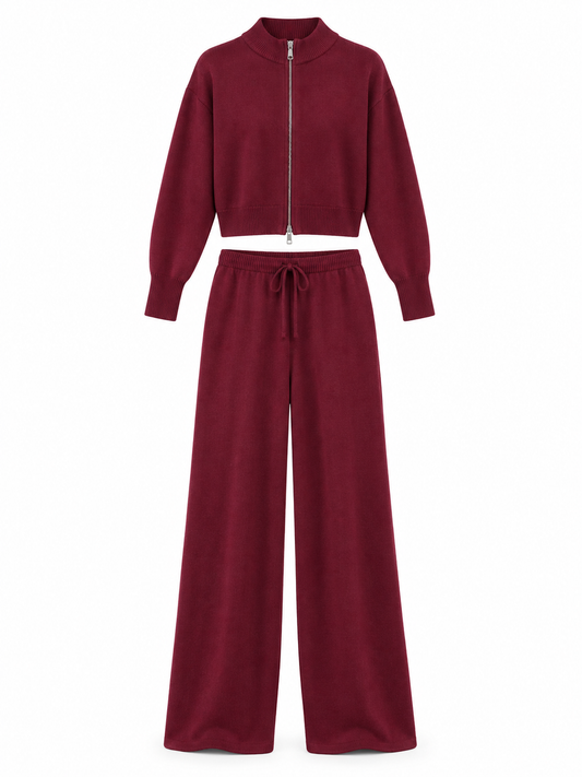 Burgundy Knit Zip Cardigan & Wide-Leg Trousers Set product view