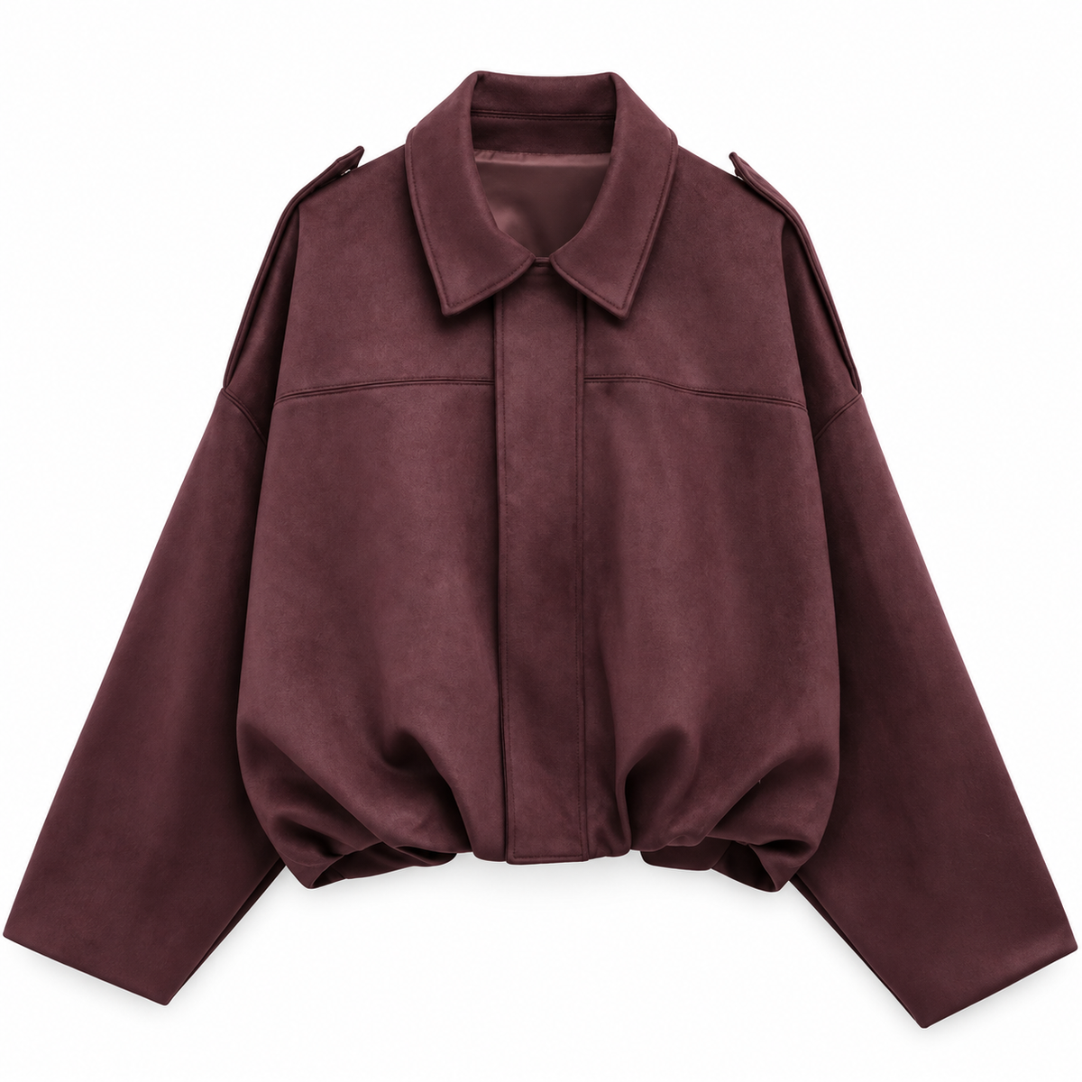 Burgundy Cropped Suede-Effect Bomber Jacket product view