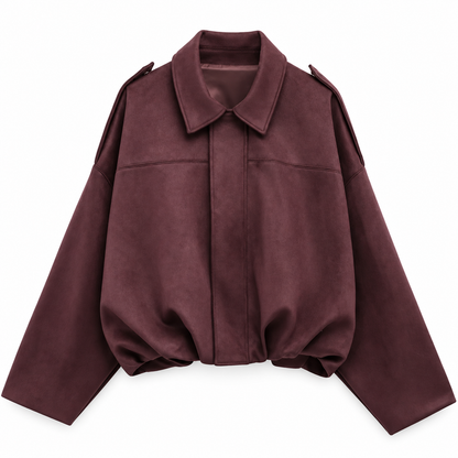 Burgundy Cropped Suede-Effect Bomber Jacket product view