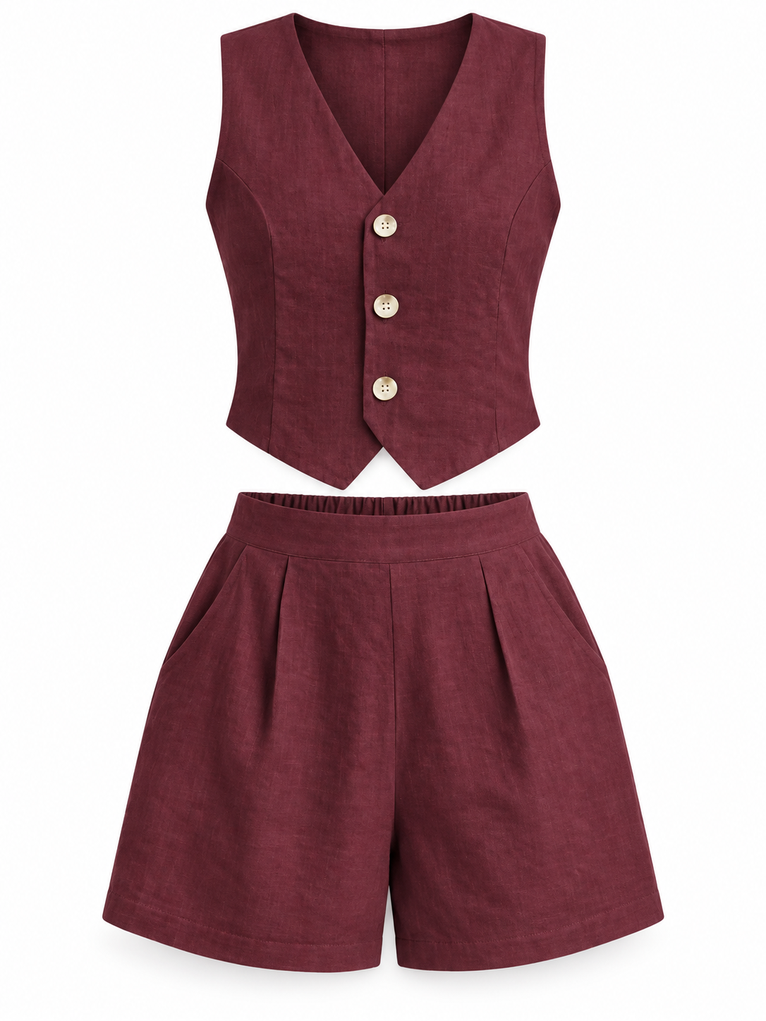 Burgundy Linen-Blend Vest & Shorts Set product view