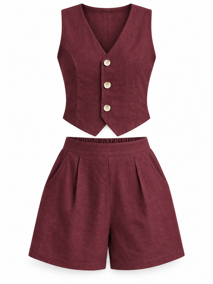 Burgundy Linen-Blend Vest & Shorts Set product view